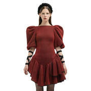 pseudopoems红色羊毛荷叶，边露背裙泡泡，袖连衣裙五分袖中长