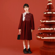 儿童红色连衣裙新中式加绒女童，新年裙亮片，过年装扮大童女孩礼服裙