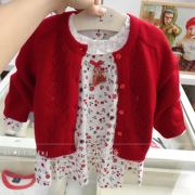 韩国中小童装 22秋女宝宝红针织开衫花边领碎花连衣裙两件套装P3