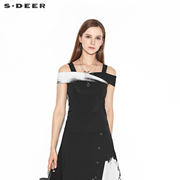 sdeer圣迪奥女装夏装性感露肩设计感交叉减龄吊带T恤S20280142
