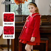 女童红色毛呢夹棉外套，冬季2023儿童洋气，中长款小女孩呢子大衣