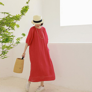 大红色纯苎麻连衣裙文艺休闲夏季短袖宽松大码长袍子双层不透
