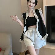 韩系风格穿搭两件套装女2024年夏季时尚气质，马甲高腰阔腿短裤