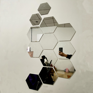 自粘创意六角六边形装饰镜子贴玄关背景墙面，3d立体亚克力镜面墙贴