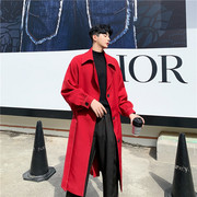 秋季韩国复古气质红色风衣男过膝ins宽松时髦系带长款大衣外套潮