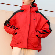 阿迪达斯红色棉服女装新年款本命年运动服加厚保暖连帽夹克外套