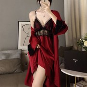 性感黛安靓真丝睡裙，女本命年红色，吊带睡衣蕾丝家居服两件套胸垫