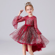 夏季童装女喇叭袖花童裙子长拖尾红色公主儿童礼服表演服装