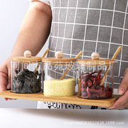 厨房用品玻璃调味罐三件套盐糖调料瓶盒套装家用竹木盖玻璃调味罐
