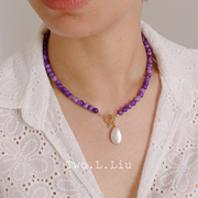 twolliu studio紫色石头项链女复古中式风巴洛克珍珠吊坠锁骨链