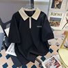 特大码300斤撞色POLO衫短袖T恤男女装夏季美式宽松半拉链情侣上衣