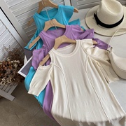 紫色圆领露肩短袖，连衣裙日常懒散风针织，长裙时尚休闲洋气