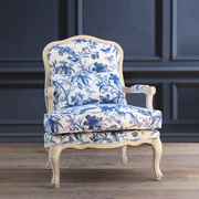 美式老虎椅单人沙发椅原木做旧白布艺青花瓷花鸟图客厅卧室