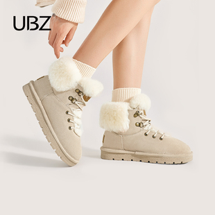 ubz厚底系带雪地靴女2024冬季毛口时尚百搭增高加厚加绒短靴