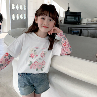 女童t恤2024夏装韩版儿童，时髦长袖上衣宝宝，纯棉体时尚打底衫