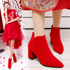 冬季婚鞋女2021年红色粗跟高跟，结婚鞋靴子，中跟新娘鞋加绒短靴