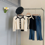 日本牛仔裤女童套装，春季撞色褶皱假两件长袖，时髦针织衫百搭两