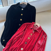 复古时髦女士春秋季长袖外贸金丝绒衬衫纯色宽松衬衣，打底衫上衣
