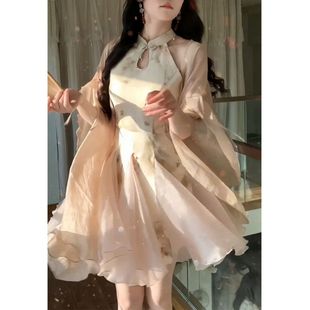 新中式印花旗袍立领连衣裙女夏季搭配一整套防晒衫外套国风短裙子