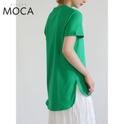 selectmoca纯色简约短袖t恤日本直邮前短后长圆形下摆开叉上衣女