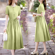 法式绿色连衣裙女夏季2024流行气质收腰显瘦中长款衬衫裙气质
