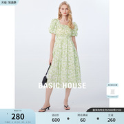 Basic House/百家好泡泡袖绿色连衣裙女夏季印花方领裙子