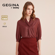 gegina吉吉娜高级感酒红色，v领雪纺衫女士五分，袖系带上衣商场同款