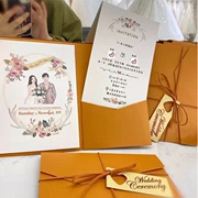 欧式婚礼请帖手绘创意请柬喜帖，打印定制结婚三折式橙色红色邀请函
