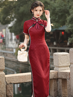 红色长款短袖琉璃缎，旗袍2024春夏新中式，新娘敬酒服订婚礼服