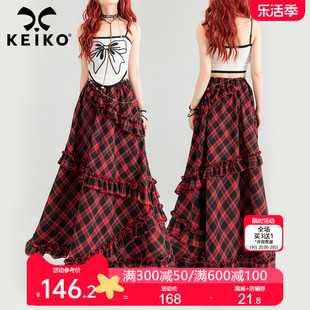 keiko美式复古红色格纹半身长裙，24夏季文艺，松紧高腰a字大摆伞裙