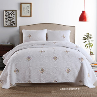 双面纯棉外贸美式绣花高档床盖，绗缝被三件套欧式四季通用衍缝床单