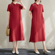 2024红色高考旗袍改良亚麻刺绣立领中国风，盘扣连衣裙子红色
