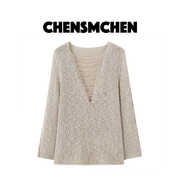 chensmchen原野设计感v领针织衫女长袖，镂空套头罩衫c24z018