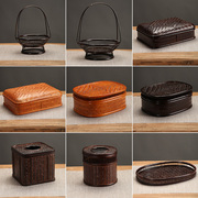 复古首饰盒八宝箱民间工艺品，茶道日式竹编漆器盒子圆形带盖茶具