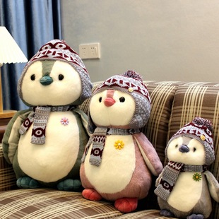 日系小企鹅公仔玩偶可爱圣诞围巾，帽子安抚娃娃，毛绒玩具女生儿童