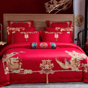 中式婚礼床上用品全棉龙凤刺绣，大红色结婚被套婚庆，床单四件套纯
