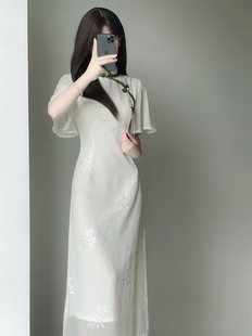 白色雪纺绣花倒大袖旗袍2023年夏季新中式国风少女温婉淑女连衣裙