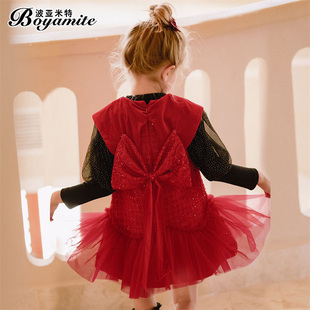 女童公主裙两件套装秋冬2022儿童洋气连衣裙，女宝宝红色背心裙