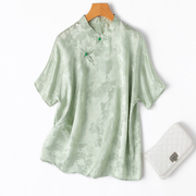 一丝清凉的新中式~真丝花罗提花，素绉缎立领连袖短袖斜襟t恤衬衫绿