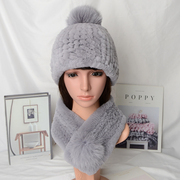 濑兔毛帽子围巾保暖女青年冬季圆顶时尚包头帽獭兔皮草圆脸两件套