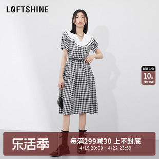 LOFTSHINE珞炫连衣裙海军风显瘦设计感复古法式泡泡袖甜美格子裙