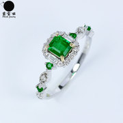 18k白金天然方形祖母绿戒指，vvg无染色油，绿色宝石钻石复古清新女