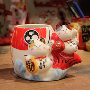 招财猫陶瓷收纳毛笔筒(毛笔筒，)创意时尚，复古中国风办公室书房装饰可爱