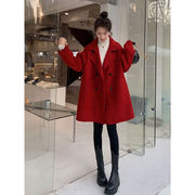 圣汀红色呢子大衣女中长款2021年冬季韩版小个子，气质西装领毛