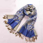 时尚蓝色印花围巾葡萄花女士，民族风提花，空调加厚保暖围巾空调披肩