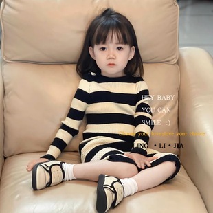 女童连衣裙2023秋季韩版中小童长袖，针织裙洋气，条纹毛衣长(毛衣长)裙子