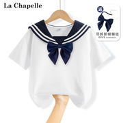 拉夏贝尔女童短袖t恤儿童海军领上衣白色学院风夏装大童纯棉衣服