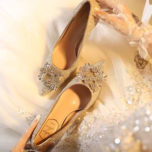 法式婚鞋女2024禾秀主婚纱，两穿不累脚，水晶香槟色秋冬季高跟鞋