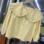 纯棉女童长袖公主开衫大翻领娃娃衫中小童黄色韩版衬衫上衣