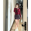 韩系女主风学院风酒红色针织，开衫长袖毛衣女(毛，衣女)春高腰半身裙三件套装